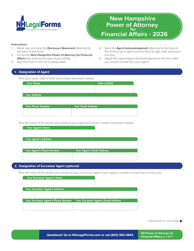 New Hampshire Power of Attorney for Financial Affairs - 2026